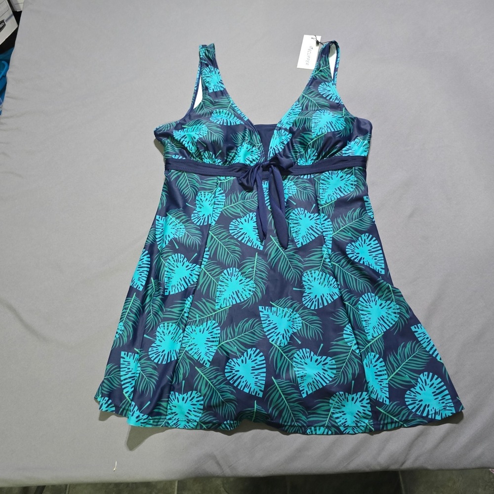 Aecupper Swim Dress Women XL Navy Blue Turquoise Tropical Palm Leaf Front Tie